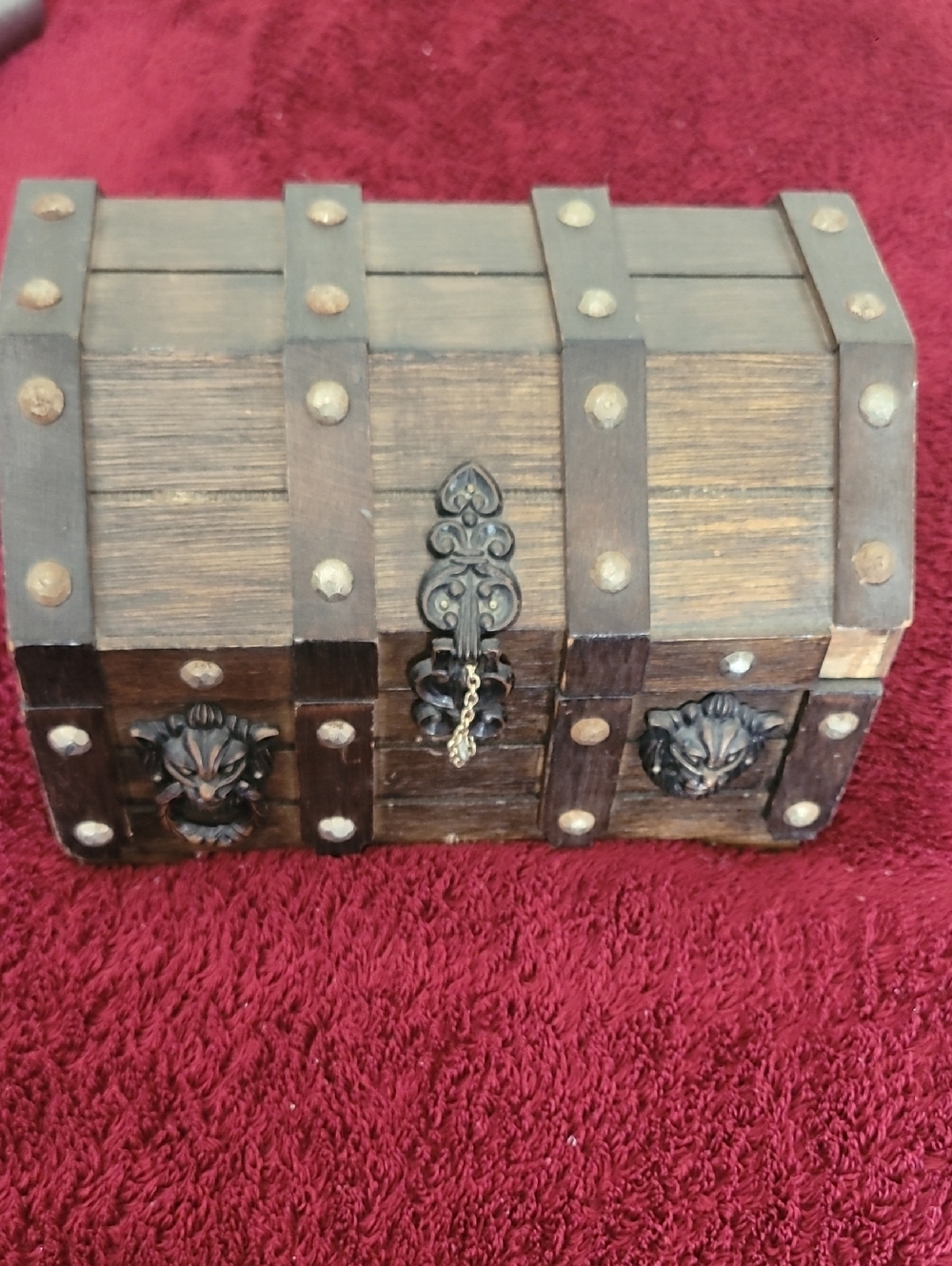 Rustic Brown Wooden Treasure Chest Jewelry Box with Ornate Metal Accents